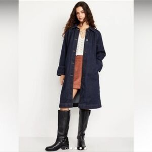 Old Navy Trench Denim Dark Wash Oversized Jean Barn Jacket Coat NWT
